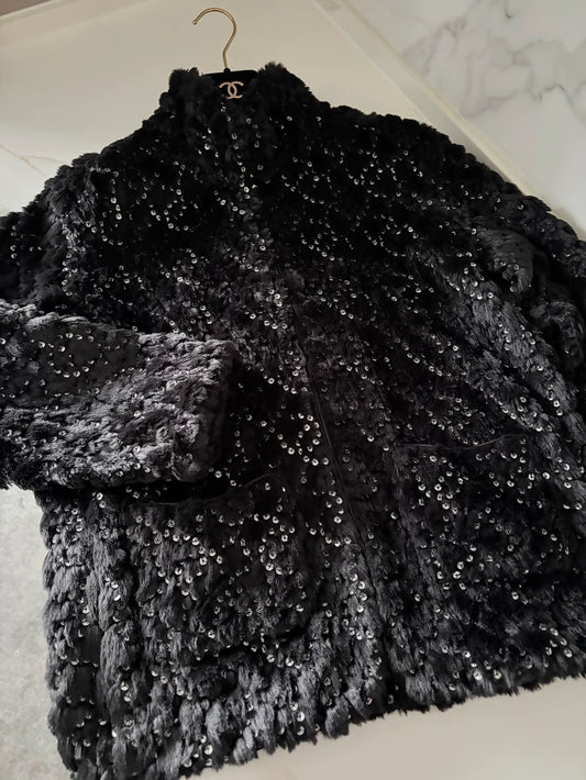 Chanel 25N Black Sequined Fur Zip-Up Jacket