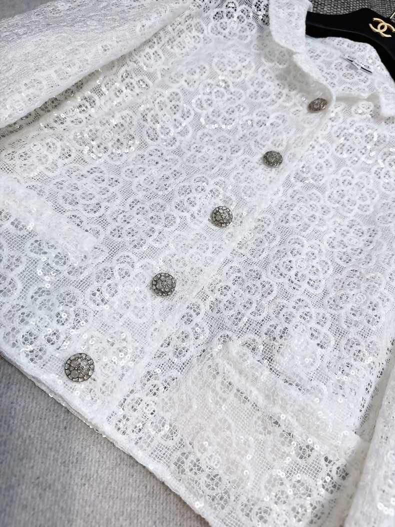 Chanel 24S white lace sequined camellia jacket
