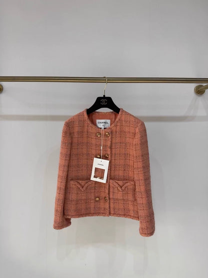Chanel 24A Métiers d'Art orange wool check tweed coat,