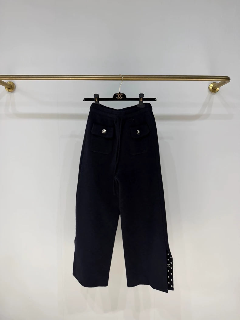 Chanel 24P Navy Blue Polka Dot CC Logo Cropped Knit Pants