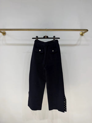 Chanel 24P Navy Blue Polka Dot CC Logo Cropped Knit Pants