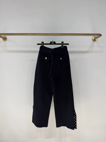 Chanel 24P Navy Blue Polka Dot CC Logo Cropped Knit Pants