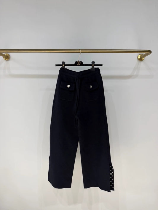 Chanel 24P Navy Blue Polka Dot CC Logo Cropped Knit Pants