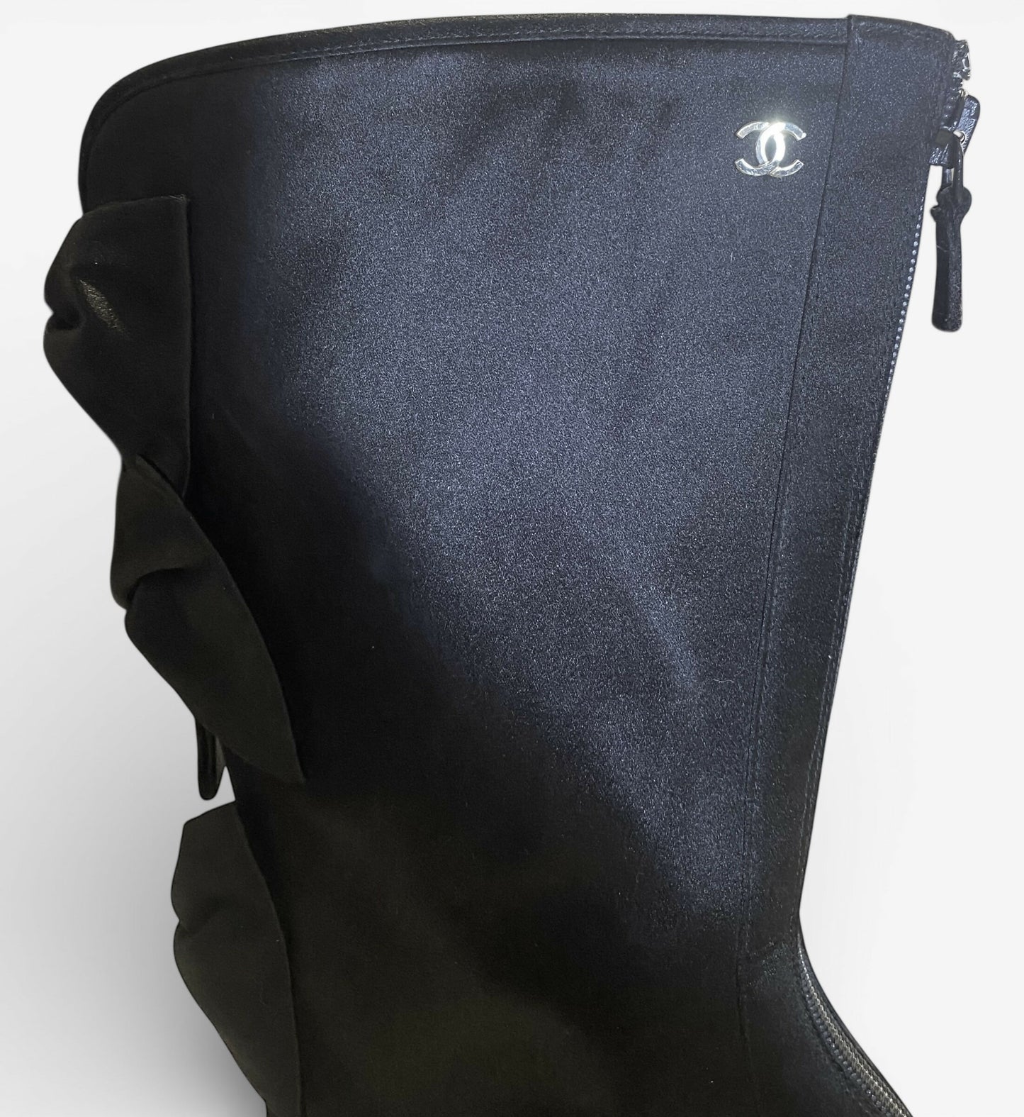 Rare Chanel 09P Black Satin CC Bow Mid Calf Peep Toe Booties Ankle Boot Heels FR 38