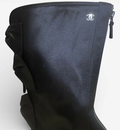 Rare Chanel 09P Black Satin CC Bow Mid Calf Peep Toe Booties Ankle Boot Heels FR 38