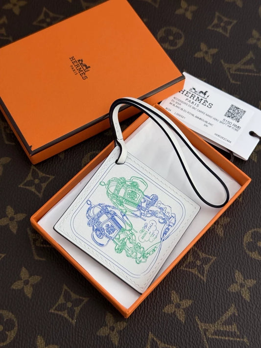 Hermes Swift Carre Nano Bag Charm White Bleu Royal Bambou