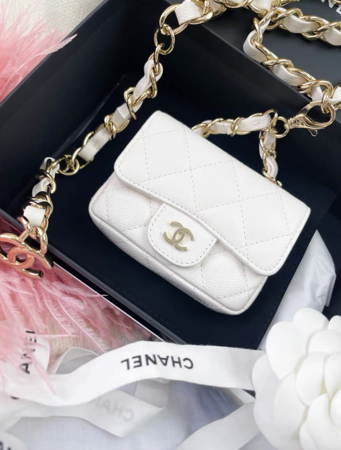 Chanel white gold lychee leather belt bag