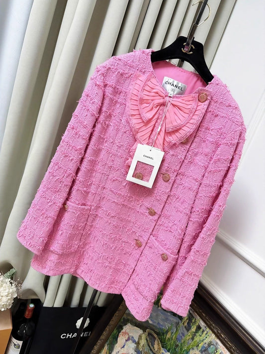 Chanel 23C Barbie Pink Large Bow Tweed Coat Dress