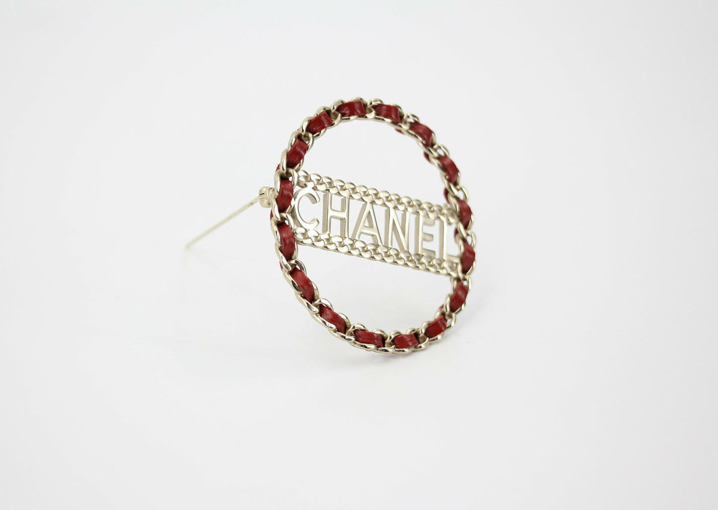 Chanel B18K Leather Red Metal Round Brooch