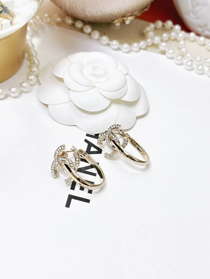 Chanel 22 gold double C logo diamond hoop earrings