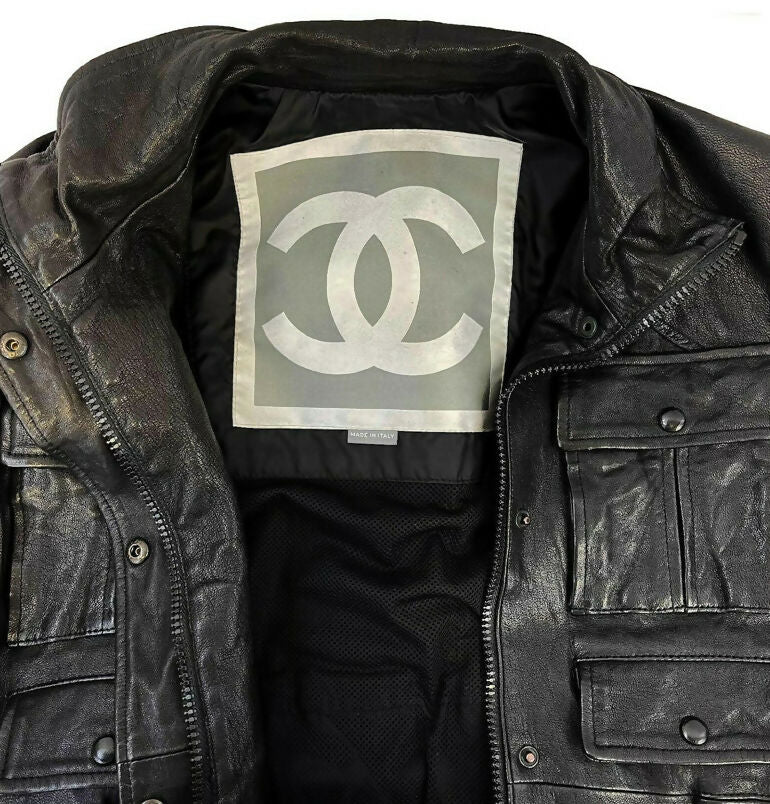 Chanel 07A Black Lambskin Leather Utility Jacket Coat FR 40
