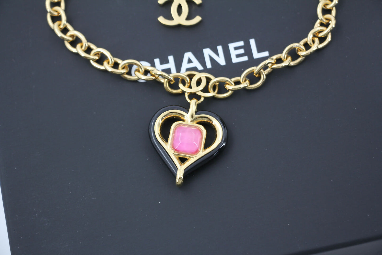 Chanel B23C Metal Black and Pink Heart-Shaped Pendant Gold Chain Necklace