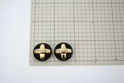 Chanel Vintage 91-92 Velvet Gold Plated Cross Large Round Black Earrings