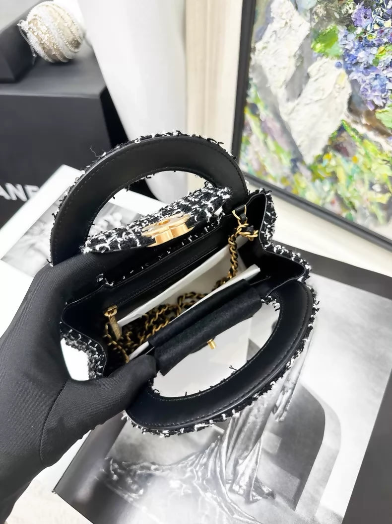 Chanel 24K Kelly Nano black and white tweed sequined shoulder bag with gold hardware