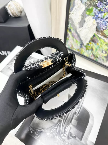 Chanel 24K Kelly Nano black and white tweed sequined shoulder bag with gold hardware
