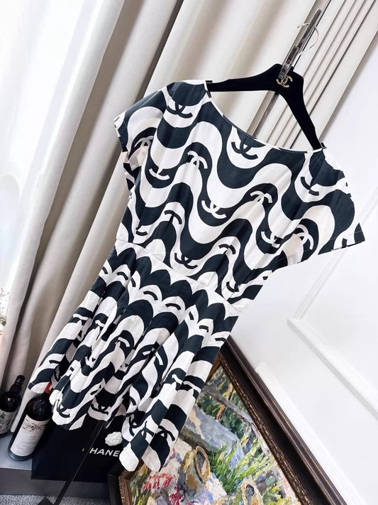 Chanel 21p black and white off-the-shoulder dress