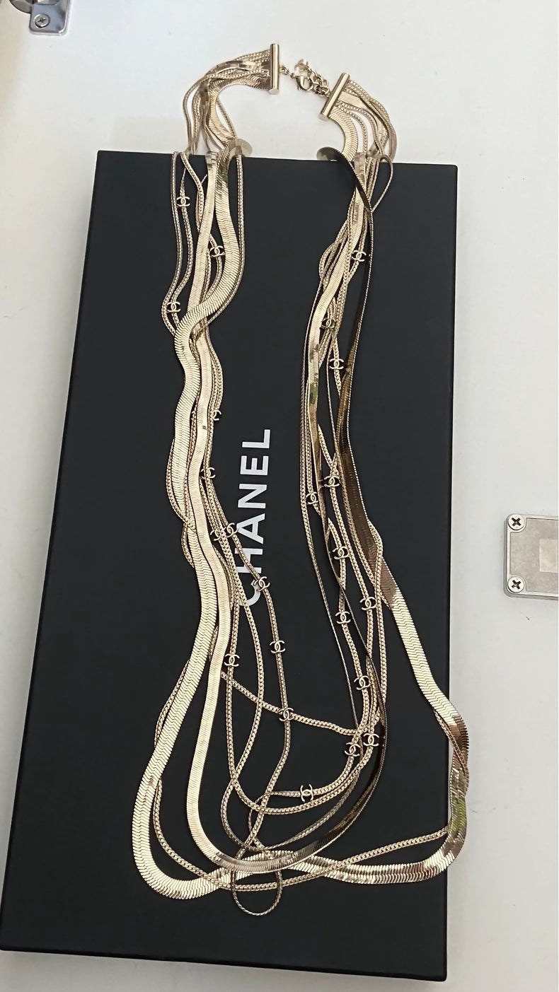 Chanel 24A light gold multi-layered snake chain necklace