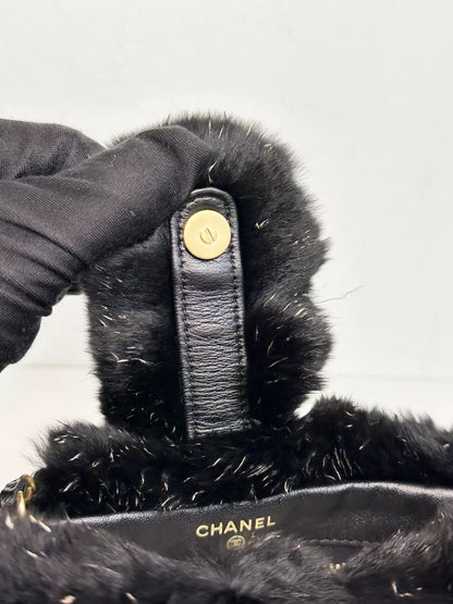 Chanel Black Rabbit Fur Chain Clutch with Gold CC Logo