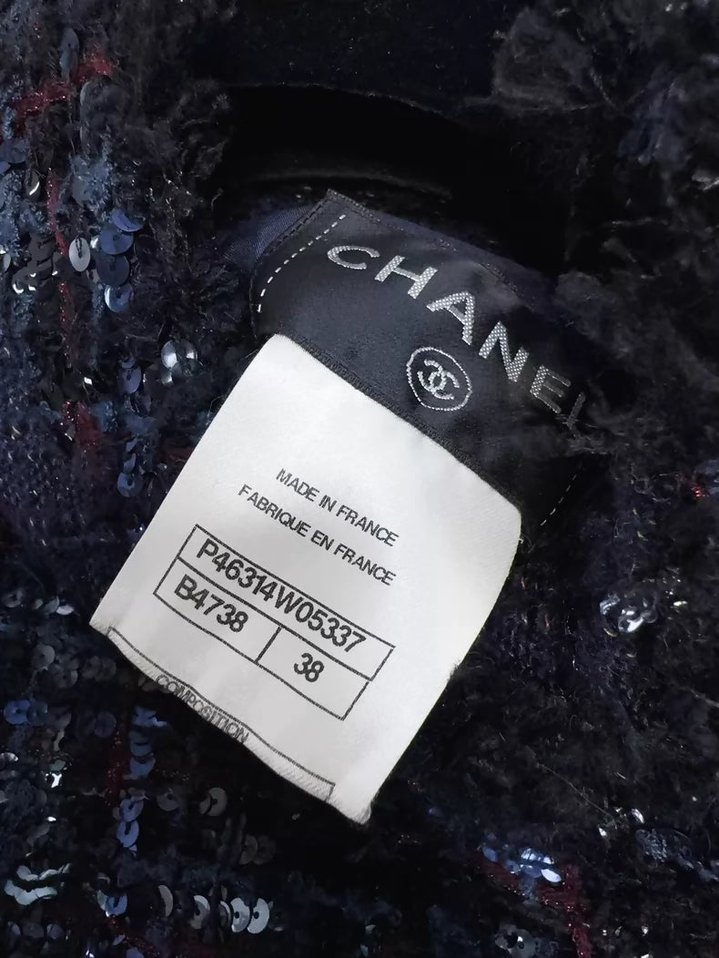 Chanel 2013 Deep Blue Pleated Sequin Tweed Dress