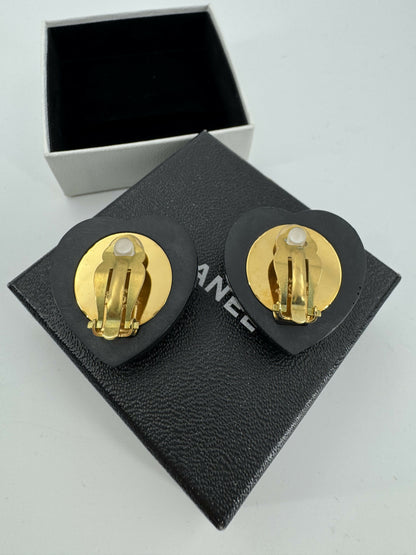 Chanel Vintage 95P Rhinestone & Gold Plated Heart-shaped Black and Red Clip-on Earrings
