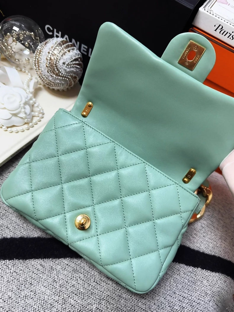 Chanel 23P mint green square shoulder bag with gold chunky chain