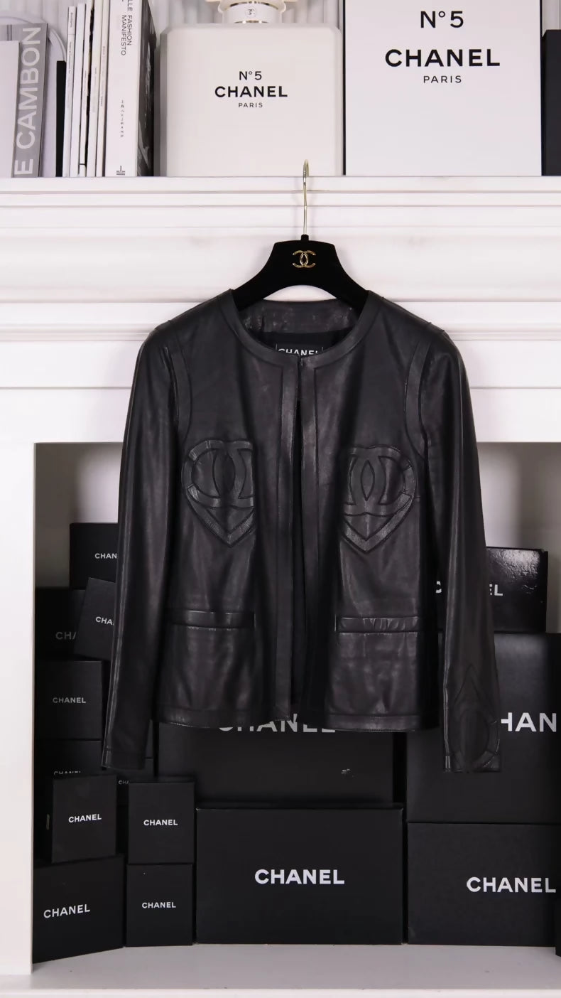 Chanel 2009 Black Lambskin Heart Leather Jacket
