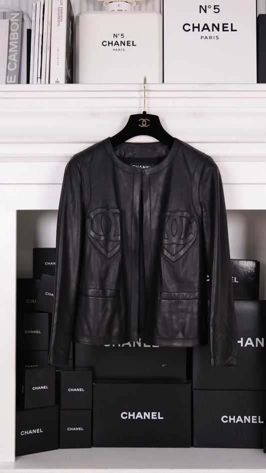 Chanel 2009 Black Lambskin Heart Leather Jacket