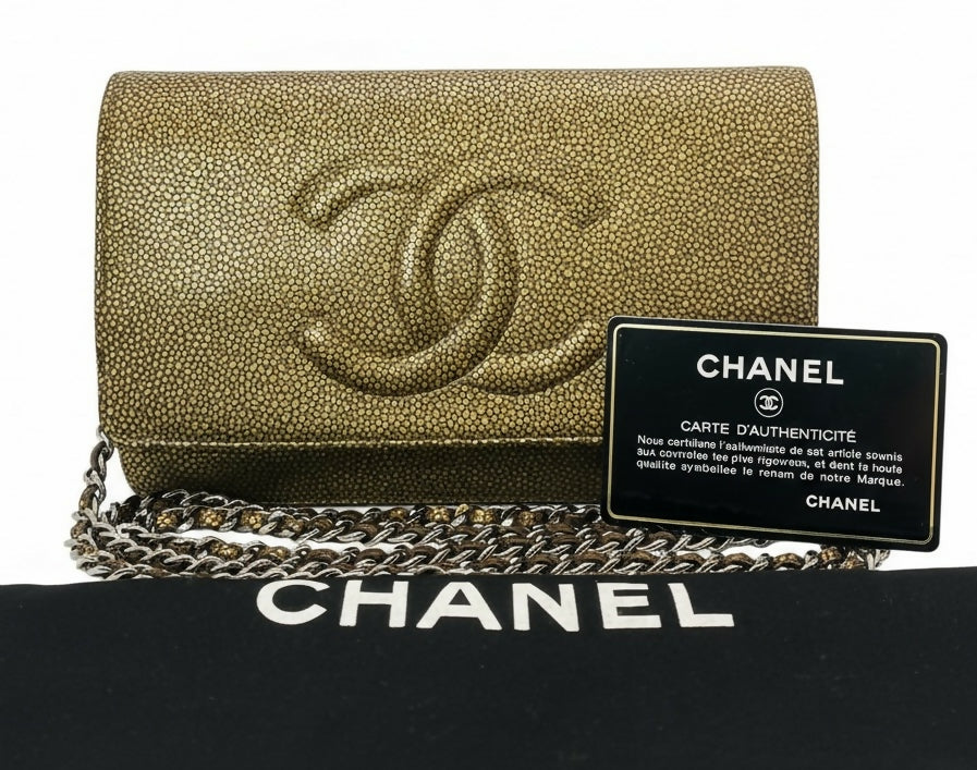 Chanel Caviar Bronze Metallic Double CC Wallet on Chain WOC