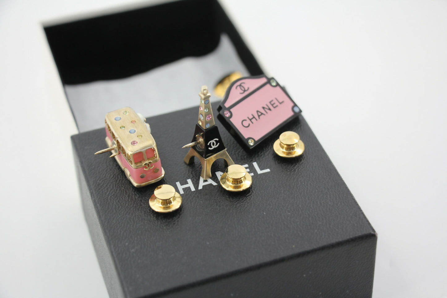 Chanel 06C Metal Pink Bus Eiffel Tower and Pink Bag Trio Brooch Set