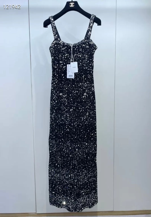 Chanel 23C black sequined tweed dress