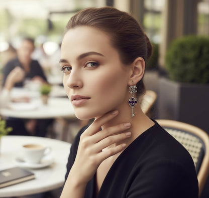 Chanel 17A Ritz Cosmopolite CC Key Dangle Drop Silver Pierced Earrings