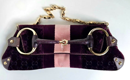GUCCI Tom Ford XL Purple Velvet GG Exotic Lizard Trim Horsebit Clutch Bag