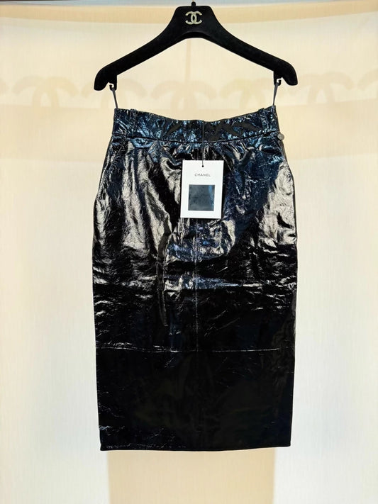 Chanel 16A Black Glossy leather Skirt