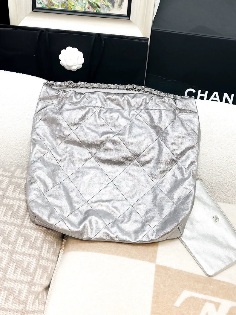 Chanel 23p 22bag metallic Silver Quilted Medium shoulder bag