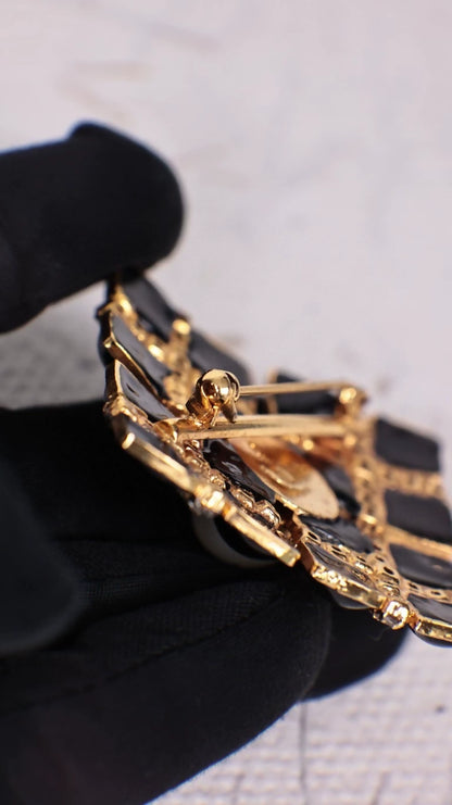 Chanel Black Glass Rhinestone and Pearl Quadrilateral Brooch