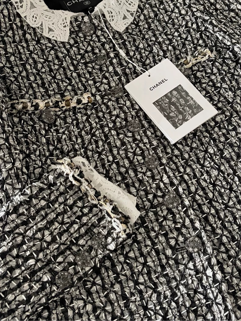 Chanel 23A Black and White tweed and Lace Jacket