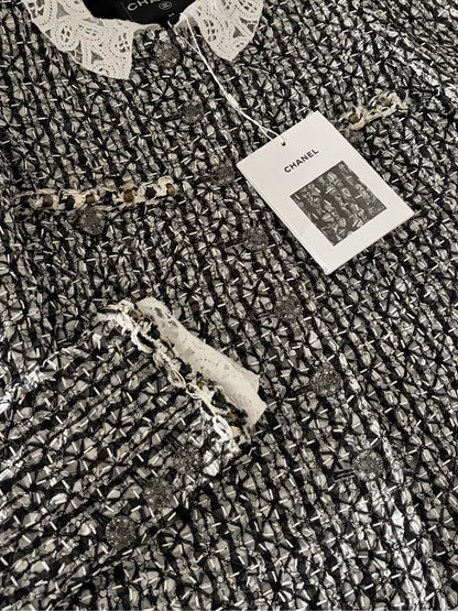 Chanel 23A Black and White tweed and Lace Jacket