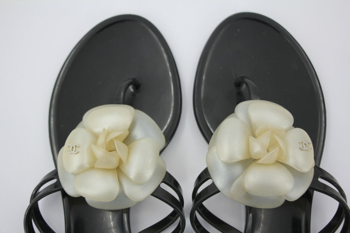 Chanel Rubber Black Leather Cream Camellia Sandals
