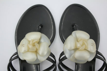 Chanel Rubber Black Leather Cream Camellia Sandals