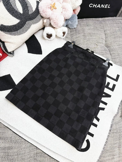 Louis Vuitton LV black and grey check denim skirt