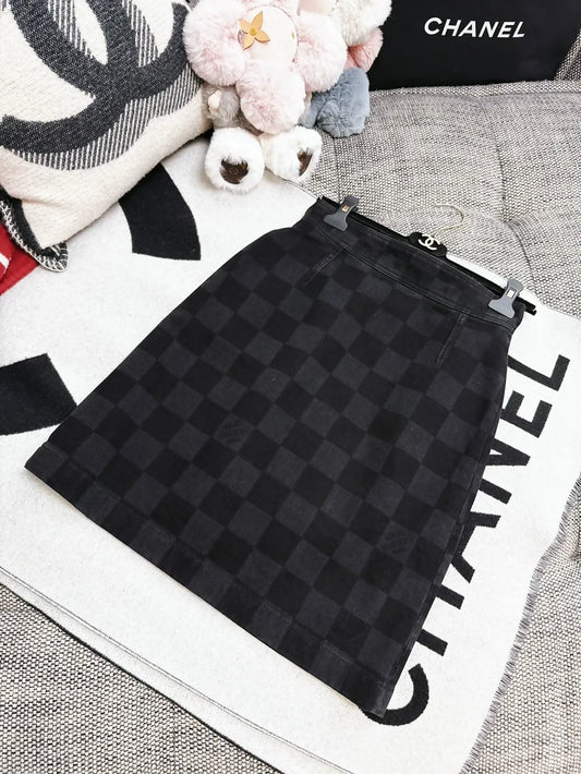 Louis Vuitton LV black and grey check denim skirt