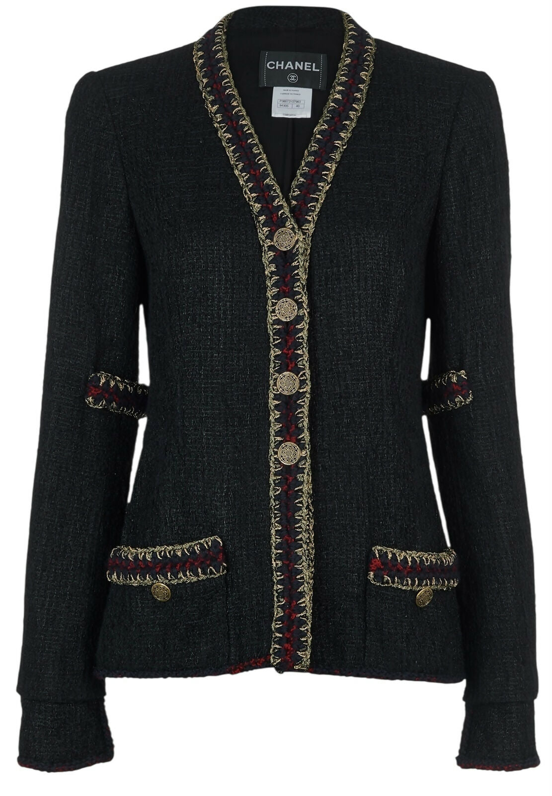 CHANEL ICONIC 10A PARIS-SHANGHAI BLACK TWEED BRAIDED TRIM CUFFS JACKET FR 38