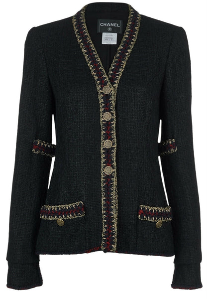 CHANEL ICONIC 10A PARIS-SHANGHAI BLACK TWEED BRAIDED TRIM CUFFS JACKET FR 38