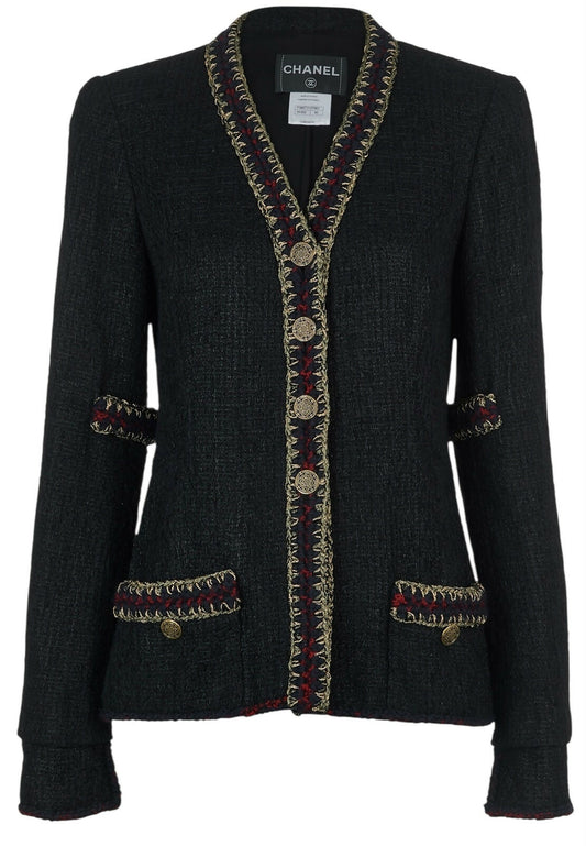 CHANEL ICONIC 10A PARIS-SHANGHAI BLACK TWEED BRAIDED TRIM CUFFS JACKET FR 38