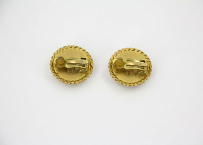 Chanel Vintage 95P Resin Spring/Summer Black Gold CC Round Wave Pattern Earrings