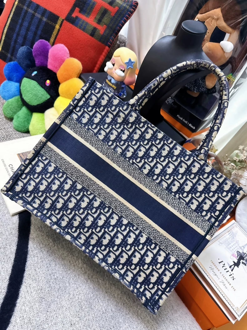 Dior Book Tote bag with blue monogram logo embroidery