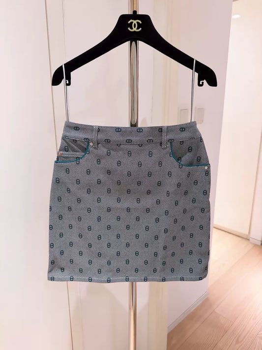 Hermes grey-green all-over print pig nose logo skirt