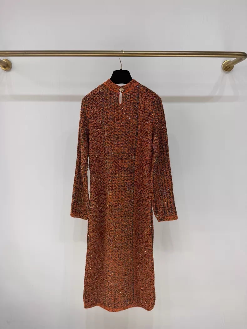 Chanel 24K black and orange shimmering knit dress with two pockets,