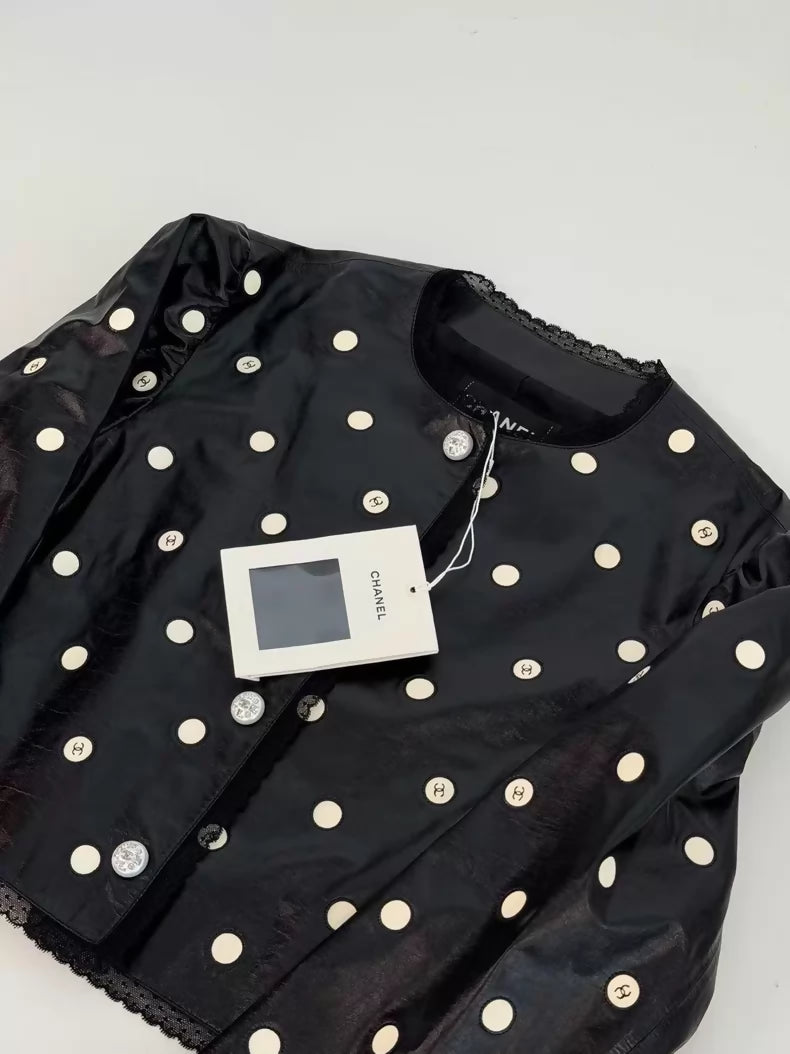 Chanel 23S Black and White Polka Dot Leather Jacket