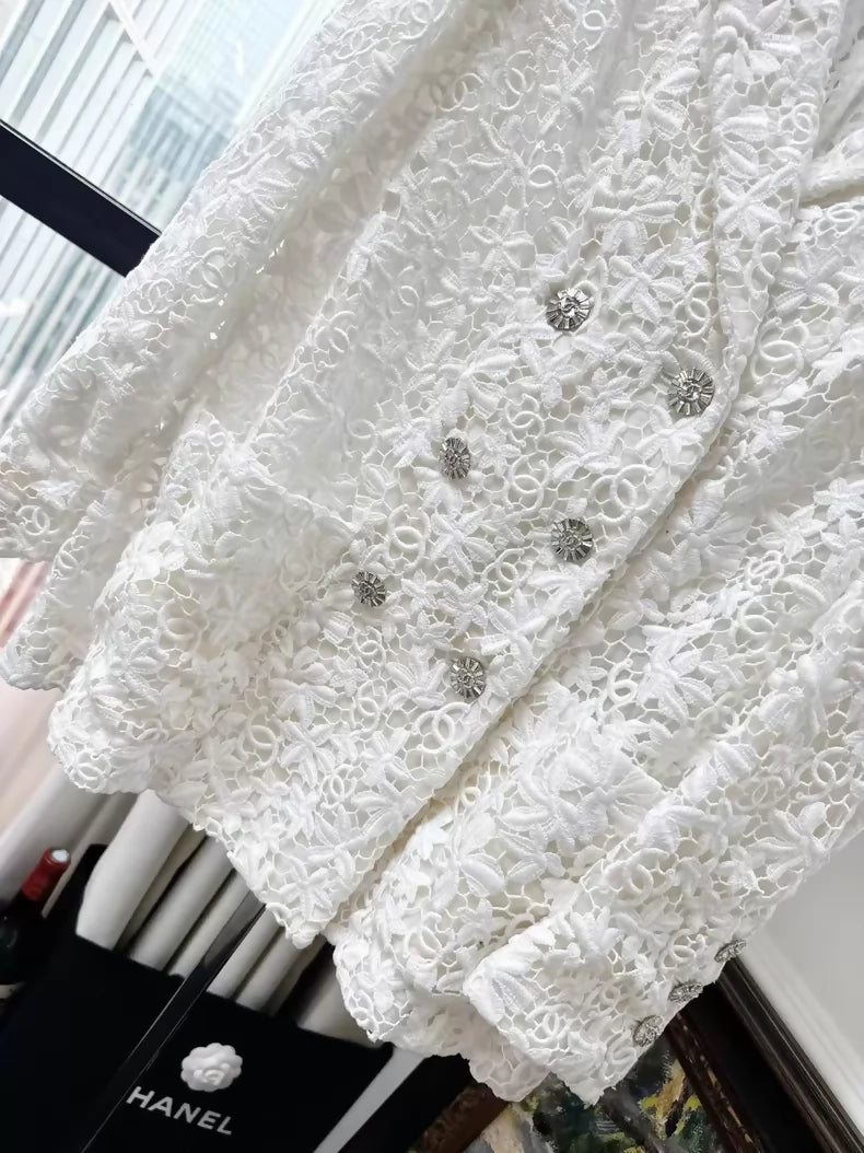 Chanel 23C White Lace Embroidered Double C Camellia Blazer